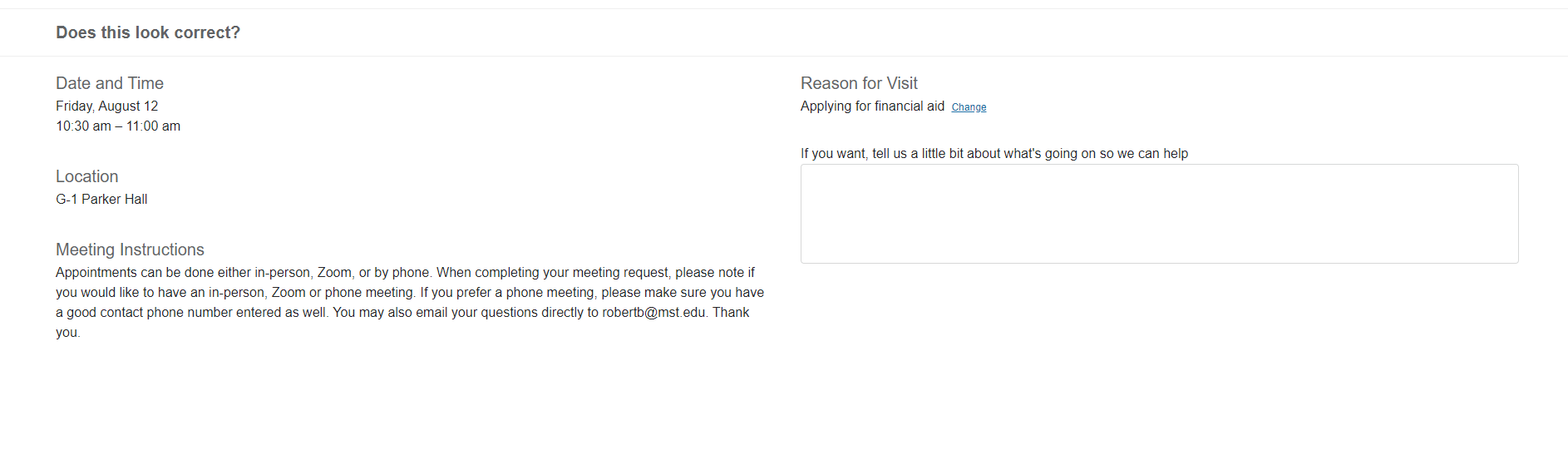 Screen Shoot to Confirm Appointment with text box for reason for meeting.